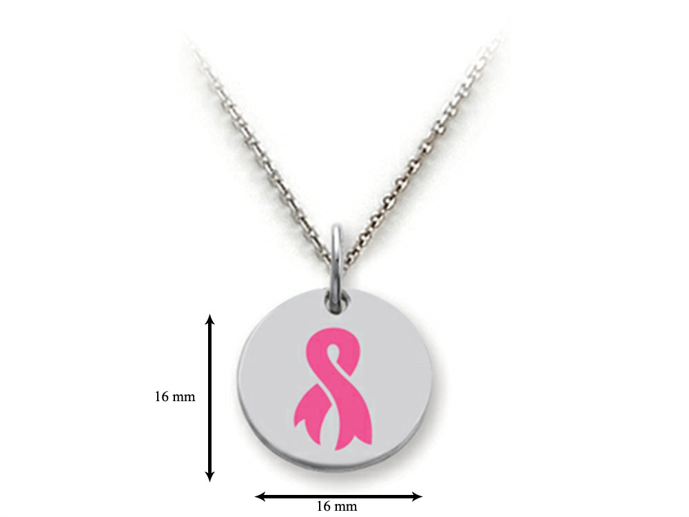Stellar White Sterling Silver Breast Cancer Aware Ribbon Disc Pendant Necklace 18 Inch Adjustable Chain