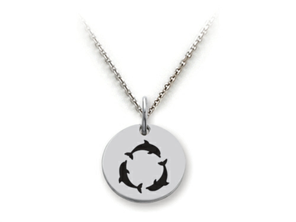 Stellar White 925 Sterling Silver Dolphins Disc Pendant Necklace - Chain Included