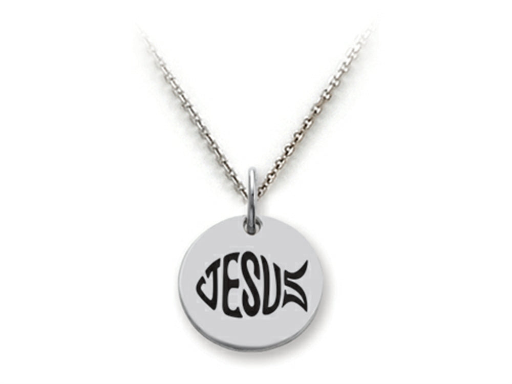Stellar White 925 Sterling Silver Jesus Fish Disc Pendant Necklace - Chain Included