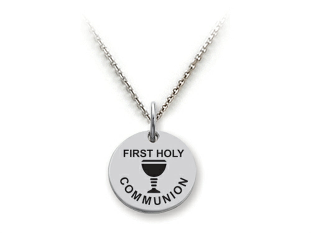 Stellar White 925 Sterling Silver First Holy Communion Disc Pendant Necklace - Chain Included
