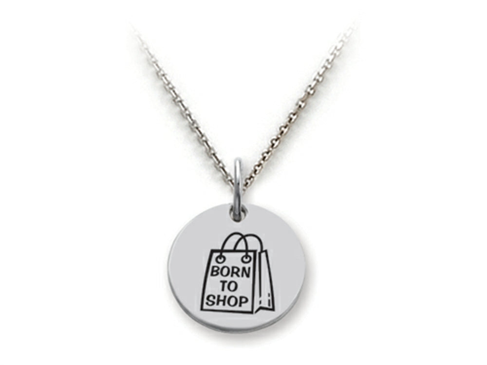 Stellar White 925 Sterling Silver Born To Shop Disc Pendant Necklace - Chain Included