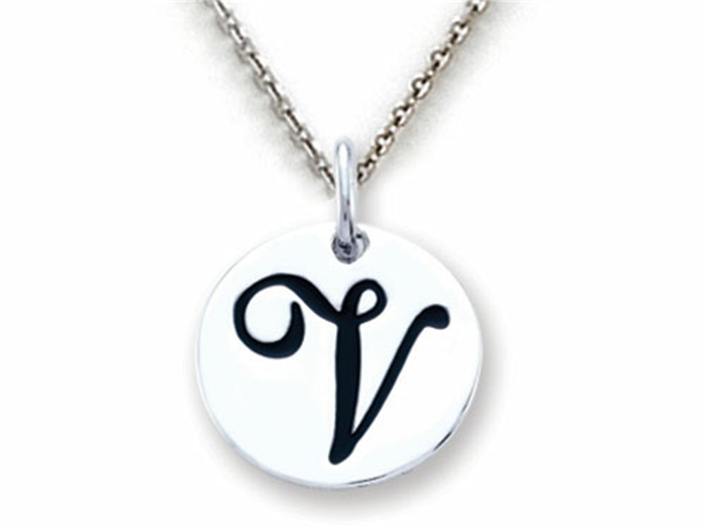 Stellar White 925 Sterling Silver Initial V Personalized Alphabet Disc Pendant Necklace Chain Included