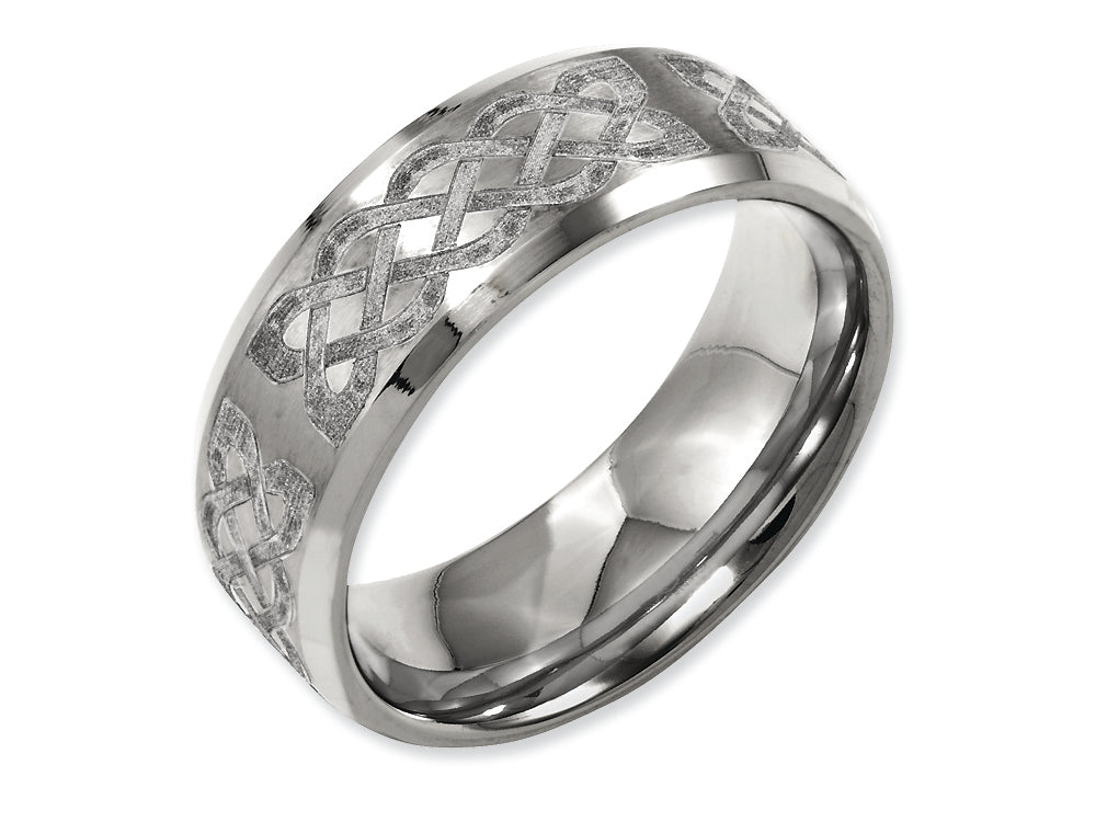 Chisel Titanium Beveled Edge 8mm Laser Design Brushed and Polished Wedding Band