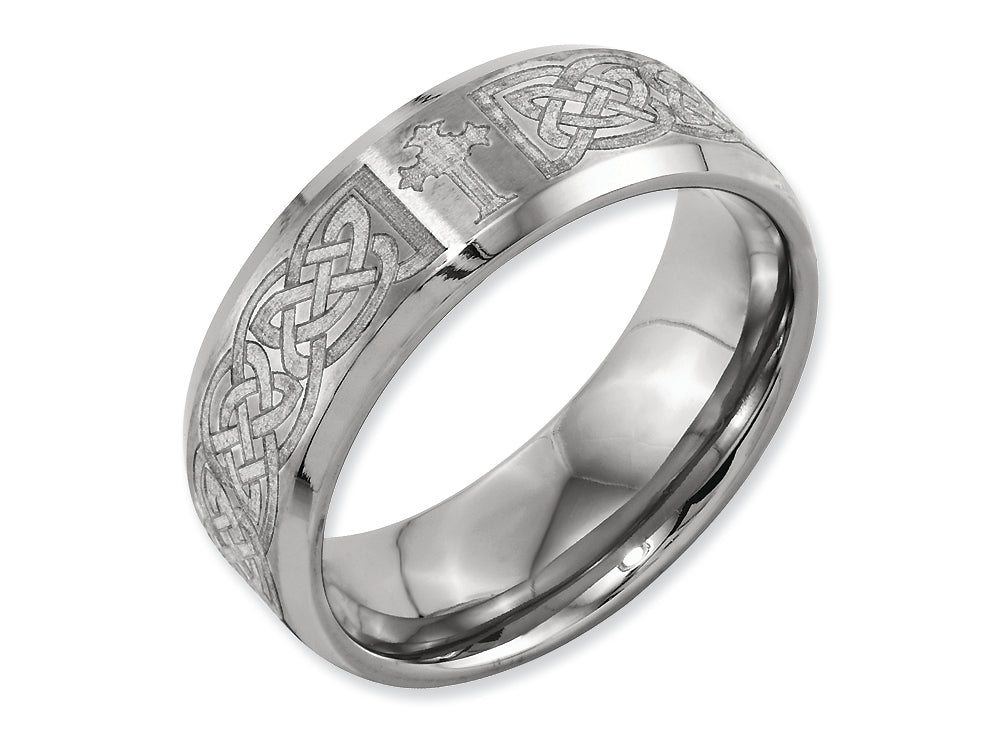Chisel Titanium Beveled Edge 8mm Laser Design Brushed and Polished Wedding Band