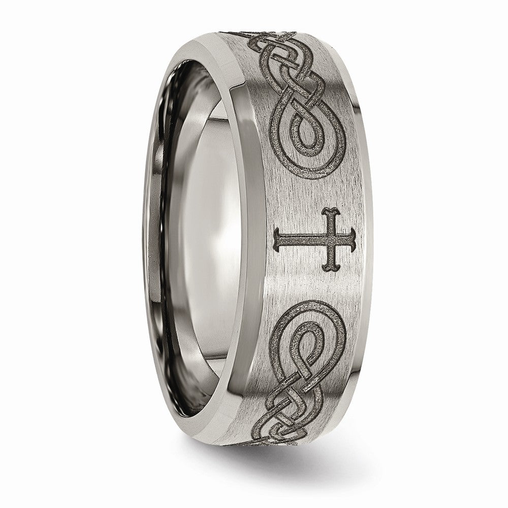 Chisel Titanium Beveled Edge 8mm Laser Design Brushed and Polished Wedding Band