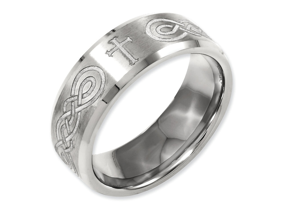 Chisel Titanium Beveled Edge 8mm Laser Design Brushed and Polished Wedding Band