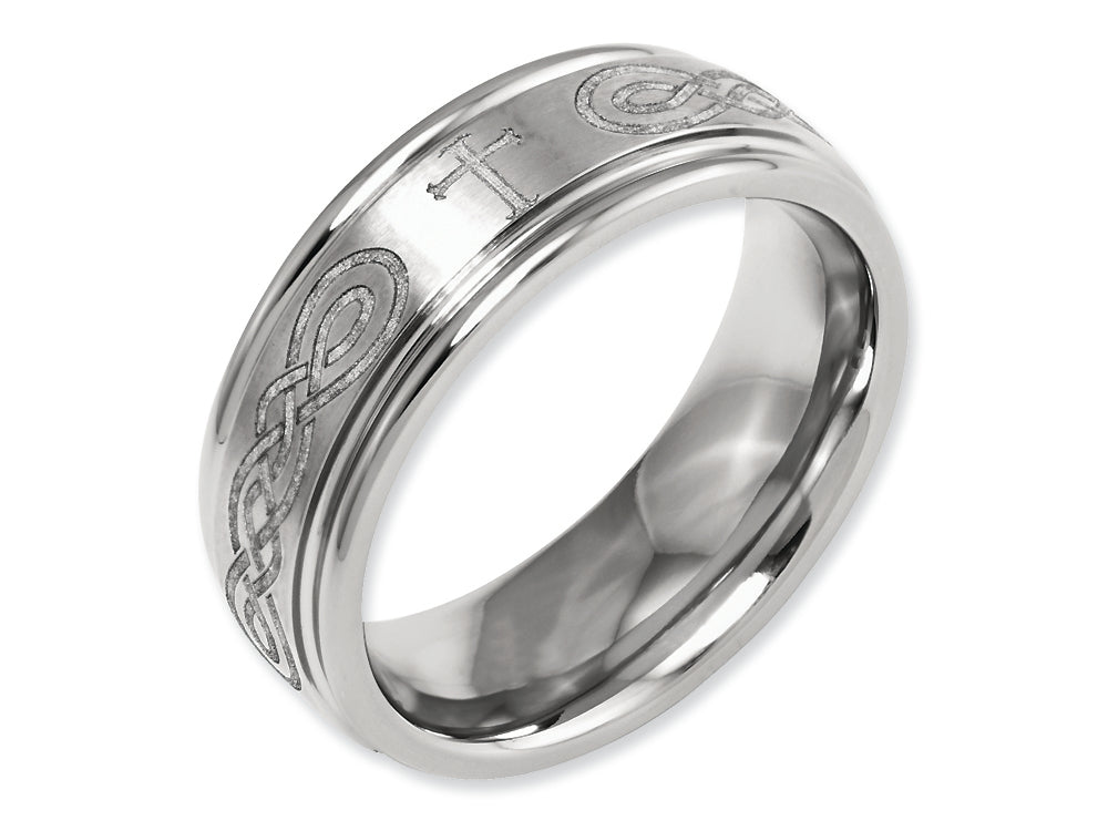 Chisel Titanium Ridged Edge 8mm Laser Design Brushed and Polished Wedding Band