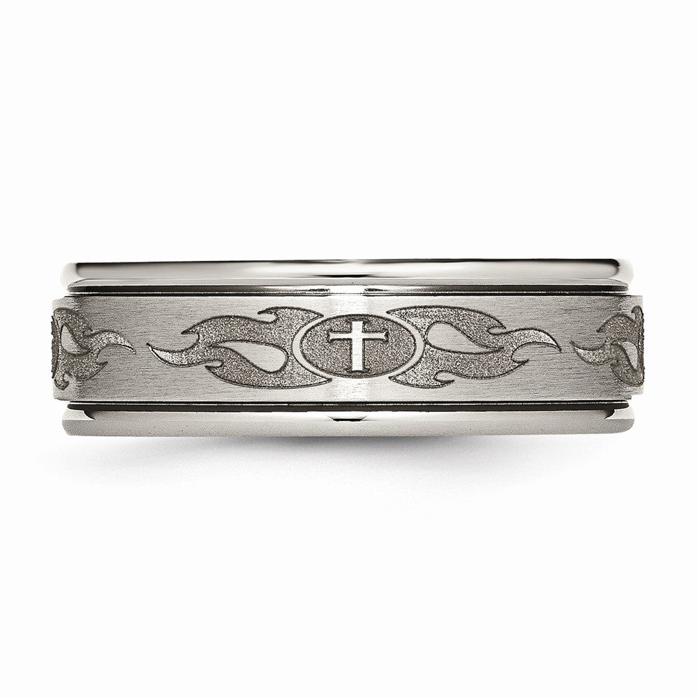Chisel Titanium Ridged Edge 8mm Laser Design Brushed and Polished Wedding Band