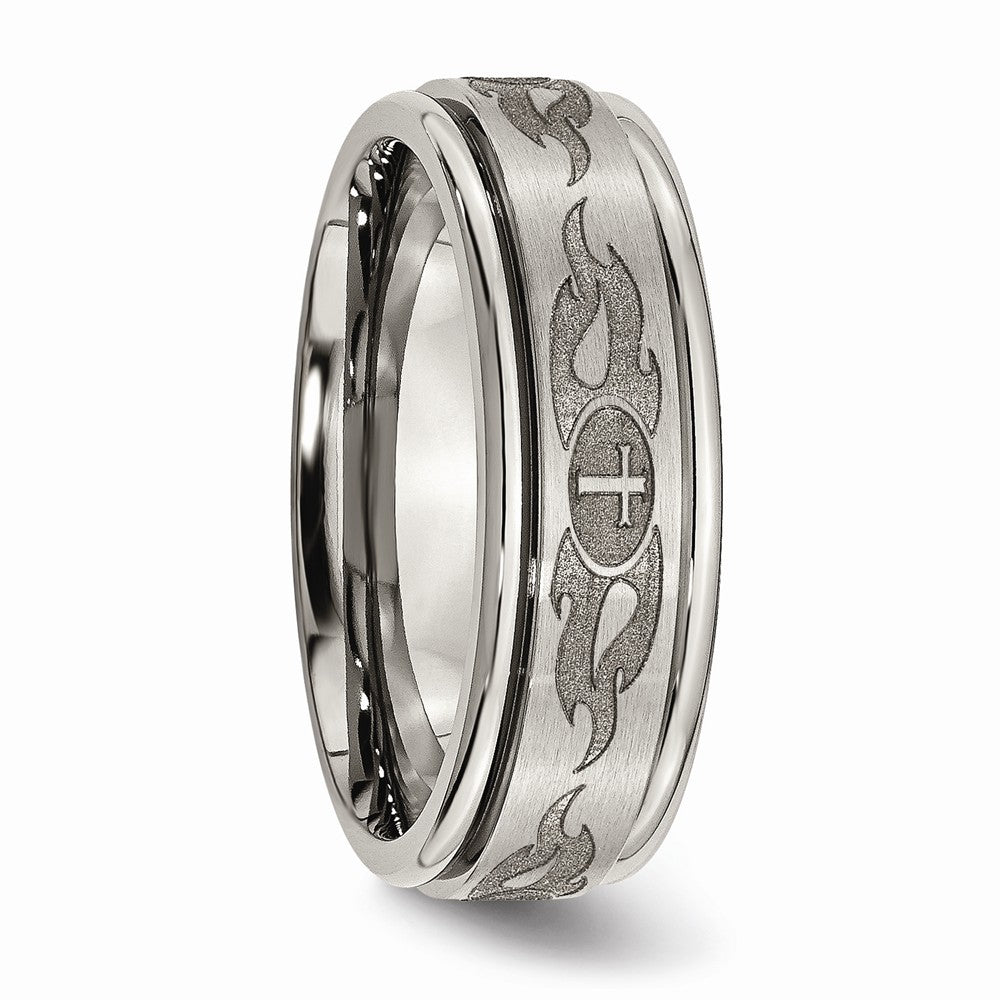 Chisel Titanium Ridged Edge 8mm Laser Design Brushed and Polished Wedding Band