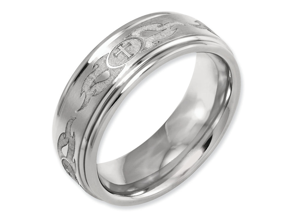 Chisel Titanium Ridged Edge 8mm Laser Design Brushed and Polished Wedding Band