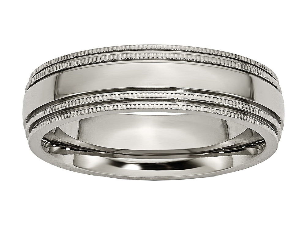 Chisel Titanium Grooved And Beaded Edge 6mm Polished Wedding Band