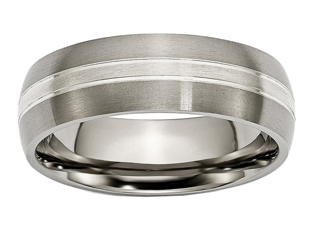 Chisel Titanium Grooved 7mm Sterling Silver Inlay Brushed/polished Wedding Band