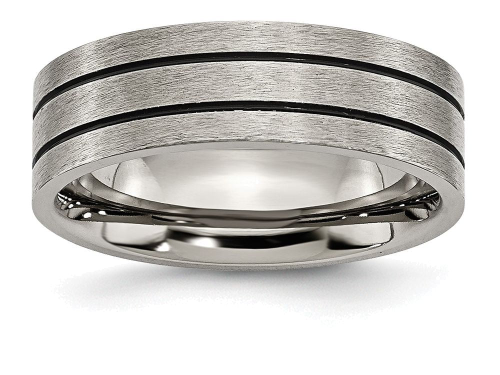 Chisel Titanium Black Enamel Flat Grooved 7mm Brushed Wedding Band