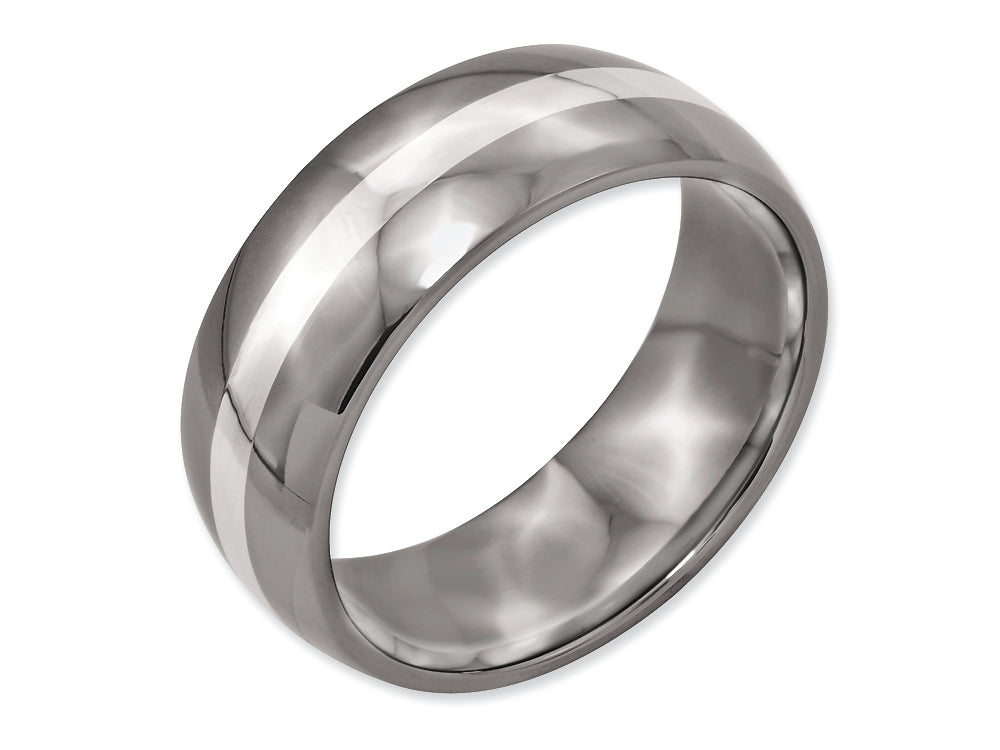 Chisel Titanium Sterling Silver Inlay 8mm Polished Wedding Band