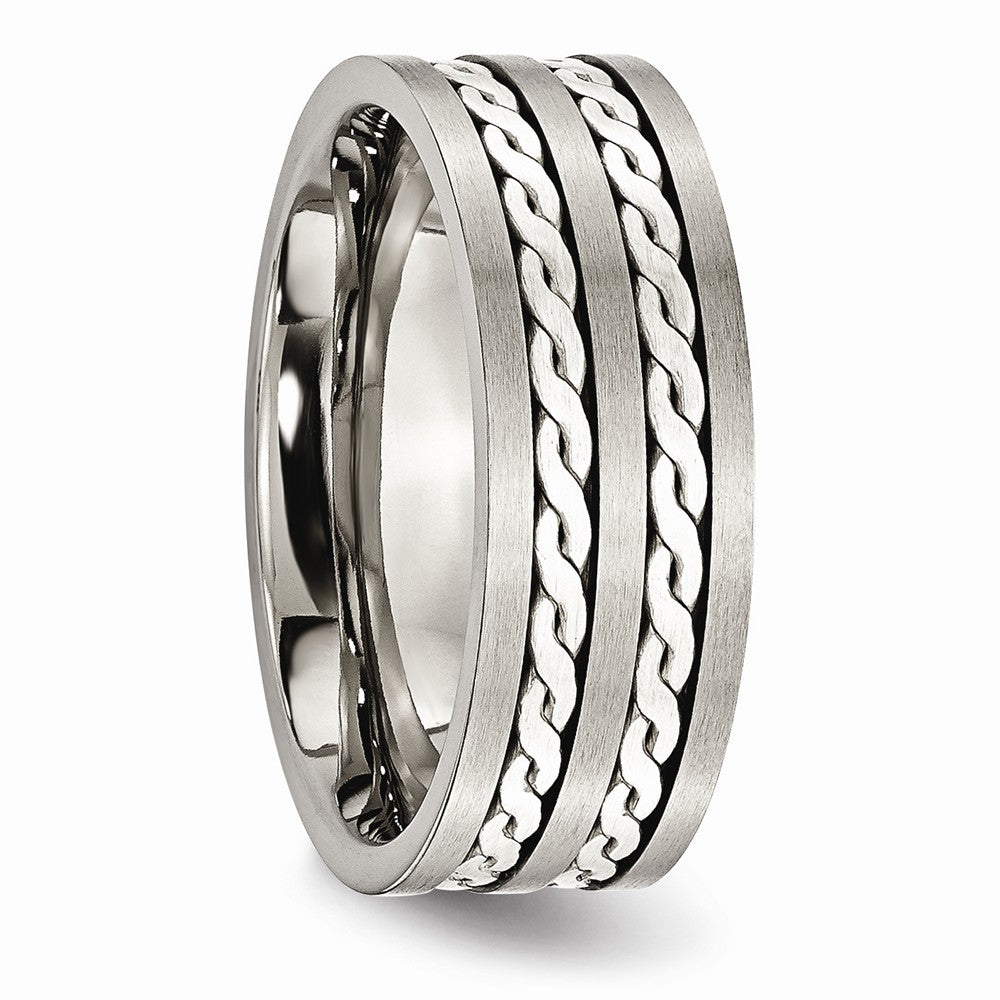 Chisel Titanium Sterling Silver Braided Inlay 8mm Brushed And Antiqued Wedding Band