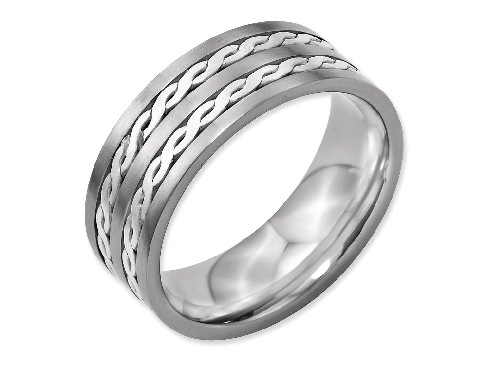Chisel Titanium Sterling Silver Braided Inlay 8mm Brushed And Antiqued Wedding Band