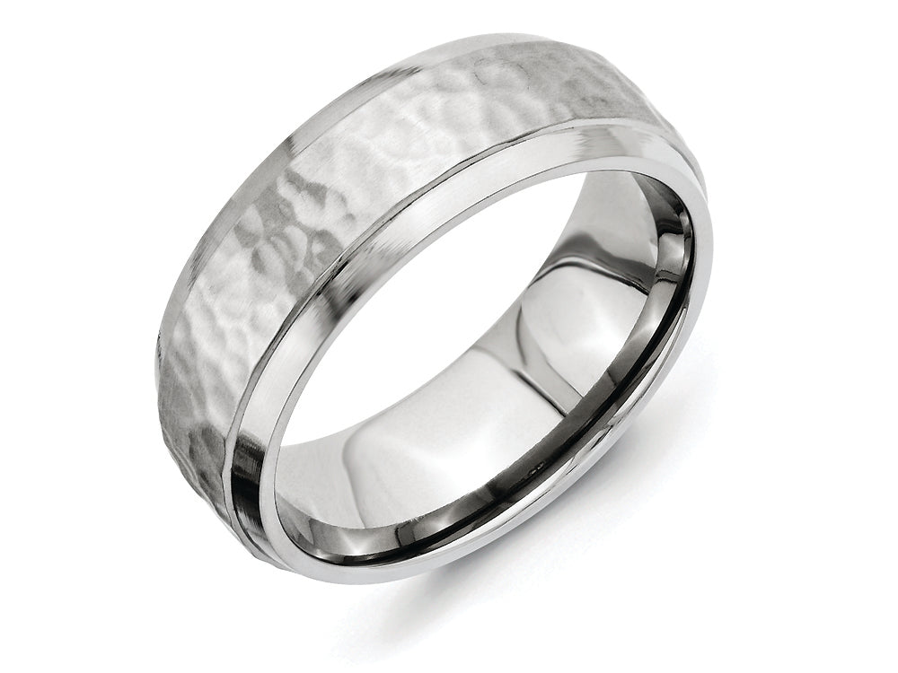 Chisel Titanium 8mm Beveled Edge Hammered And Polished Wedding Band