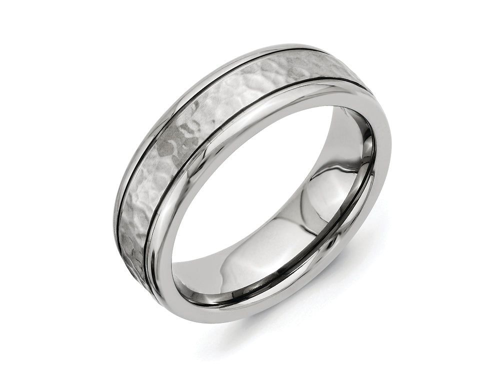 Chisel Titanium 7mm Grooved Edge Hammered And Polished Wedding Band