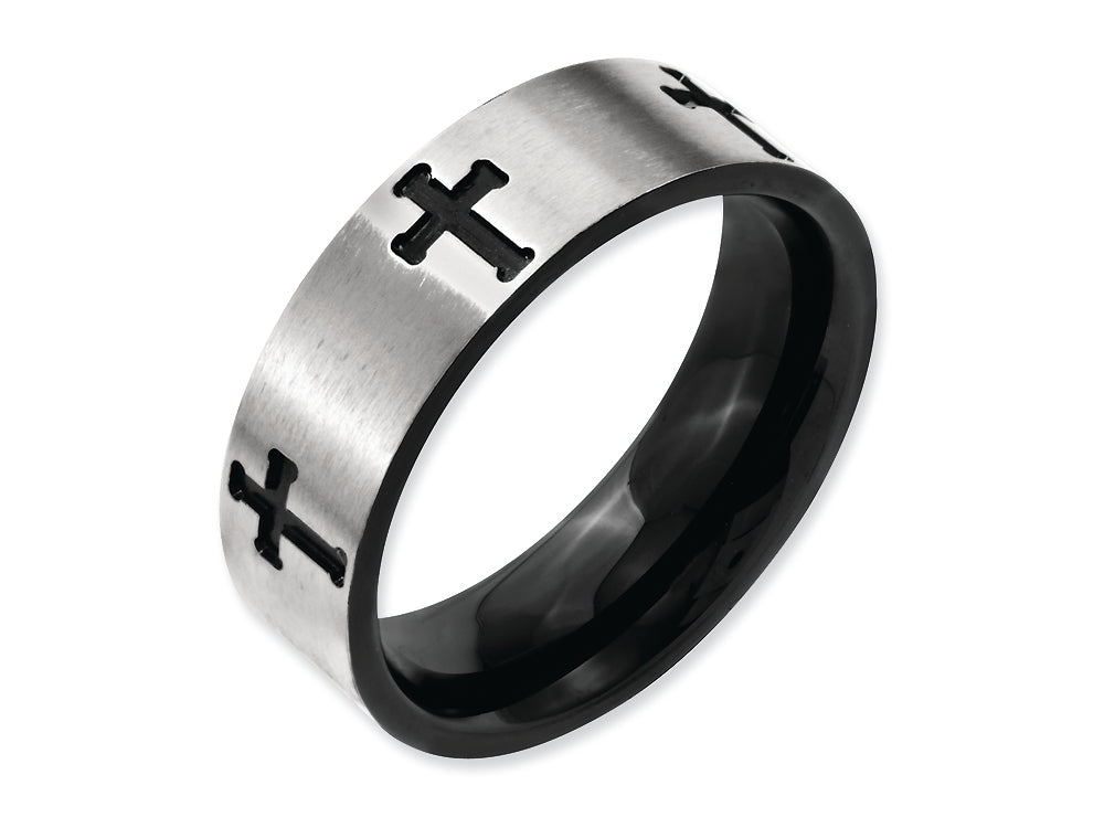 Chisel Titanium 7mm Cross Black Ip-plated Brushed and Polished Wedding Band