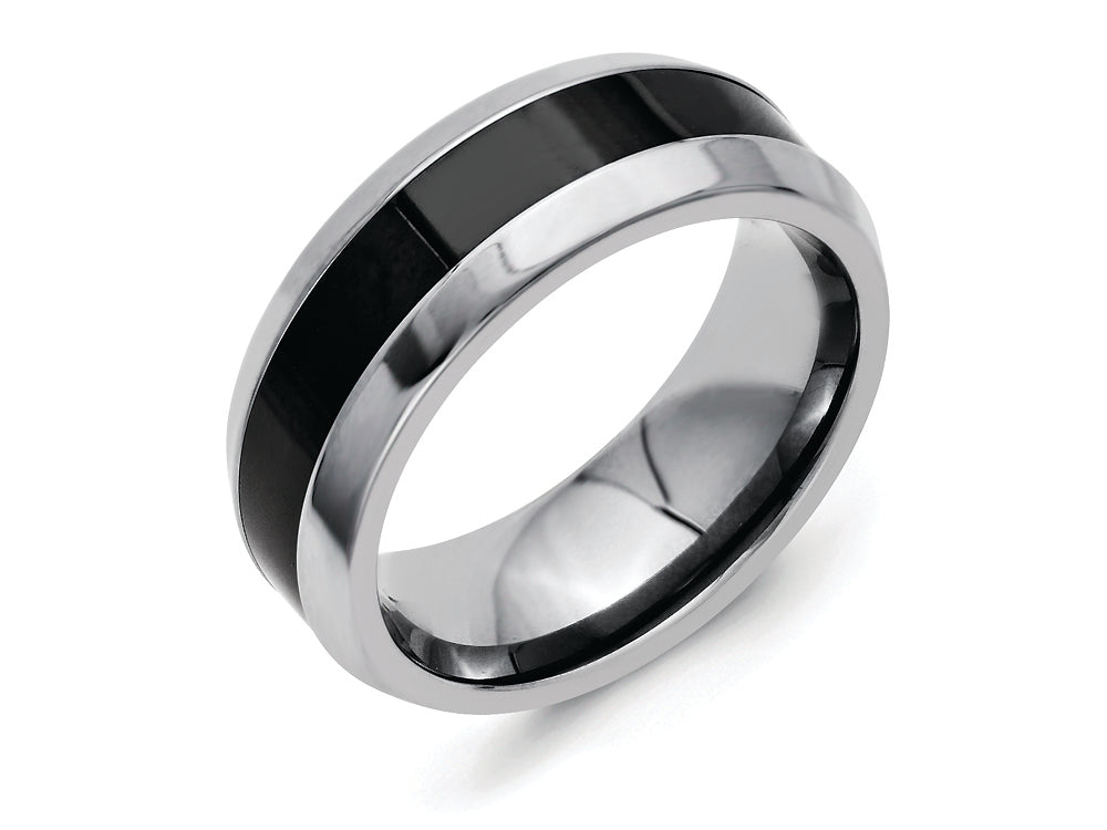 Chisel Titanium Base W/polished Black Ceramic Center Beveled 7.5mm Wedding Band