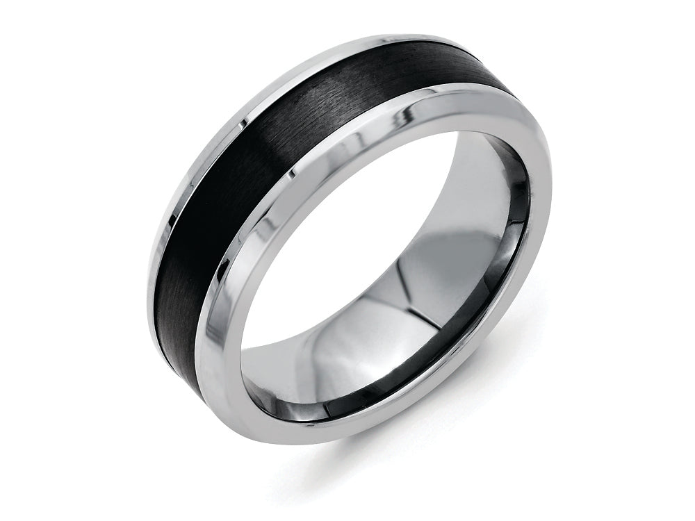 Chisel Titanium Base W/polished Black Ceramic Center Beveled 8mm Wedding Band