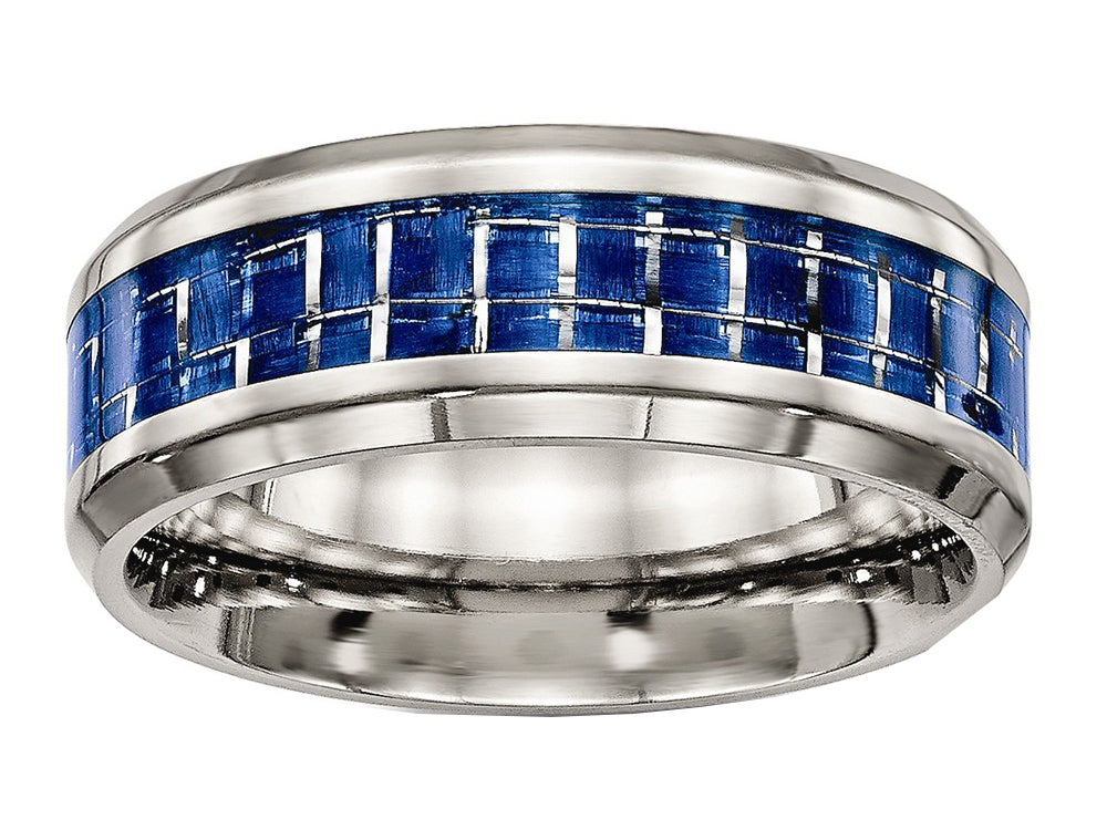 Chisel Titanium Polished Blue/white Carbon Fiber Inlay Ring