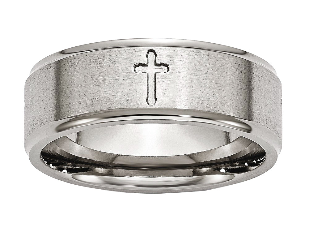 Chisel Titanium Ridged Edge Cross 8mm Brushed And Polished Wedding Band