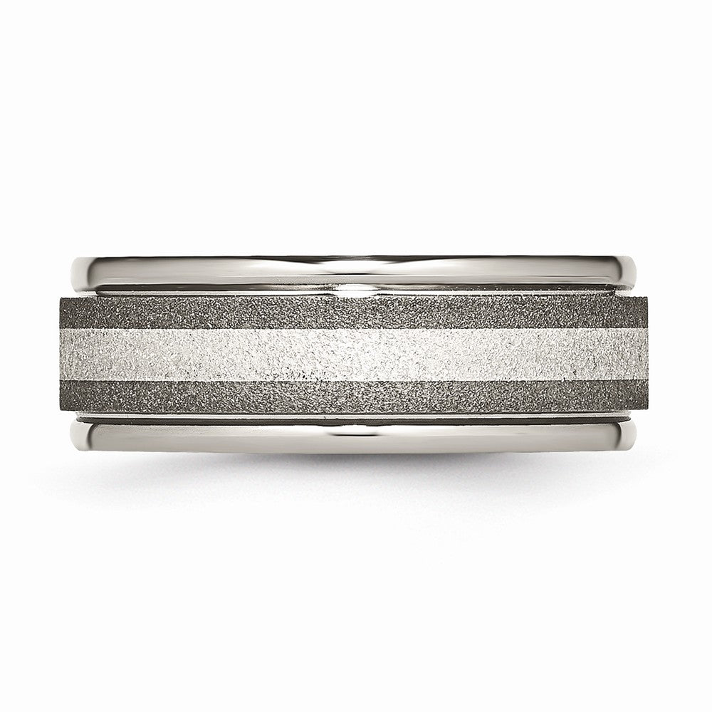 Chisel Titanium Polished /stone Finish Center Grooved Edge Sterling Inlay Wedding Band