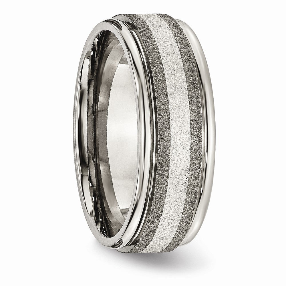 Chisel Titanium Polished /stone Finish Center Grooved Edge Sterling Inlay Wedding Band
