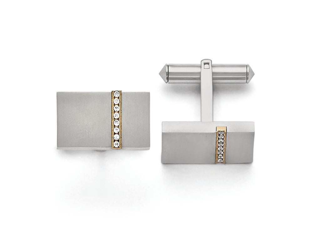 Chisel Titanium Brushed Yellow Ip-plated CZs Rectangular Cuff Links