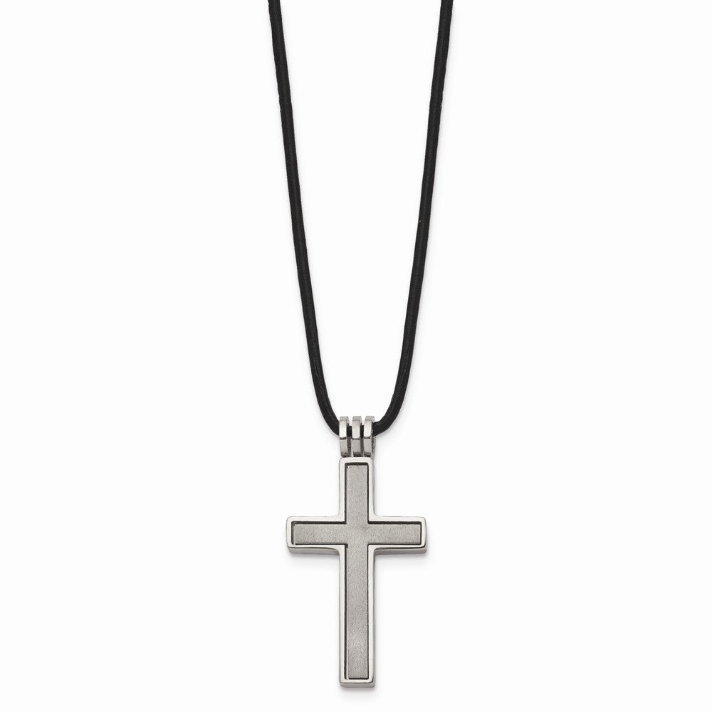 Chisel Titanium with Leather Cord Cross Necklace - 18 inches