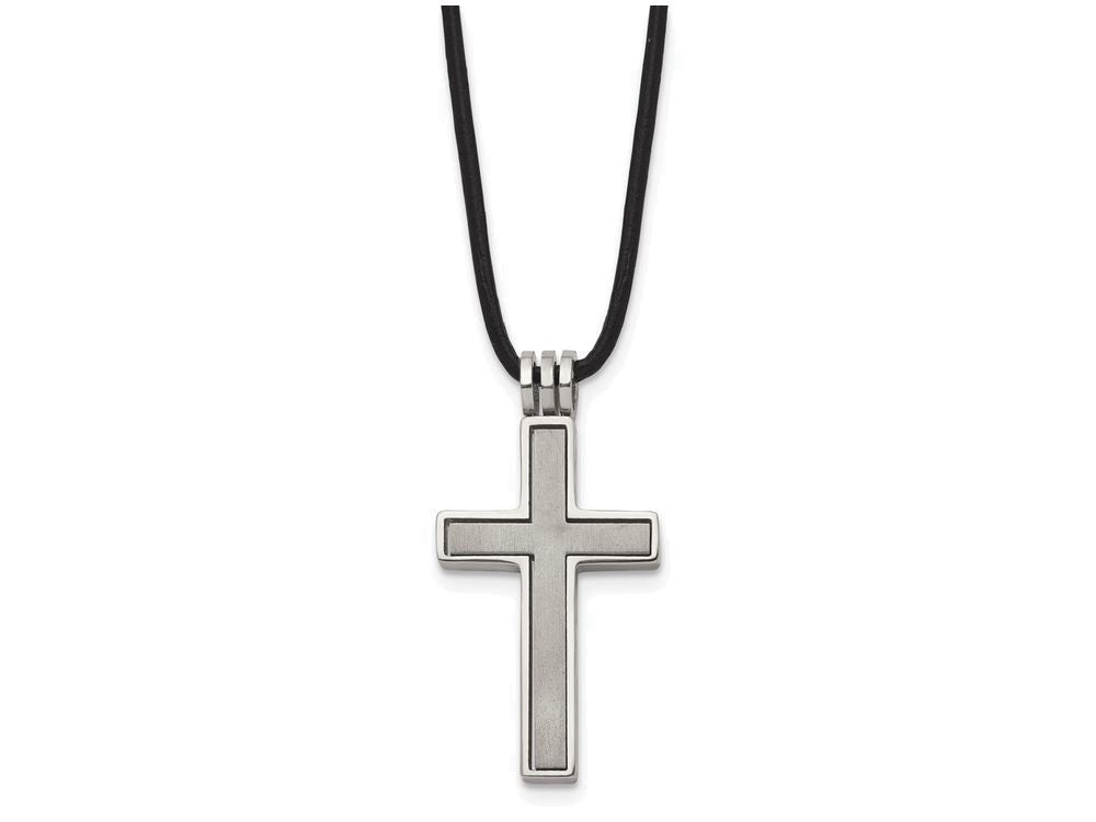 Chisel Titanium with Leather Cord Cross Necklace - 18 inches