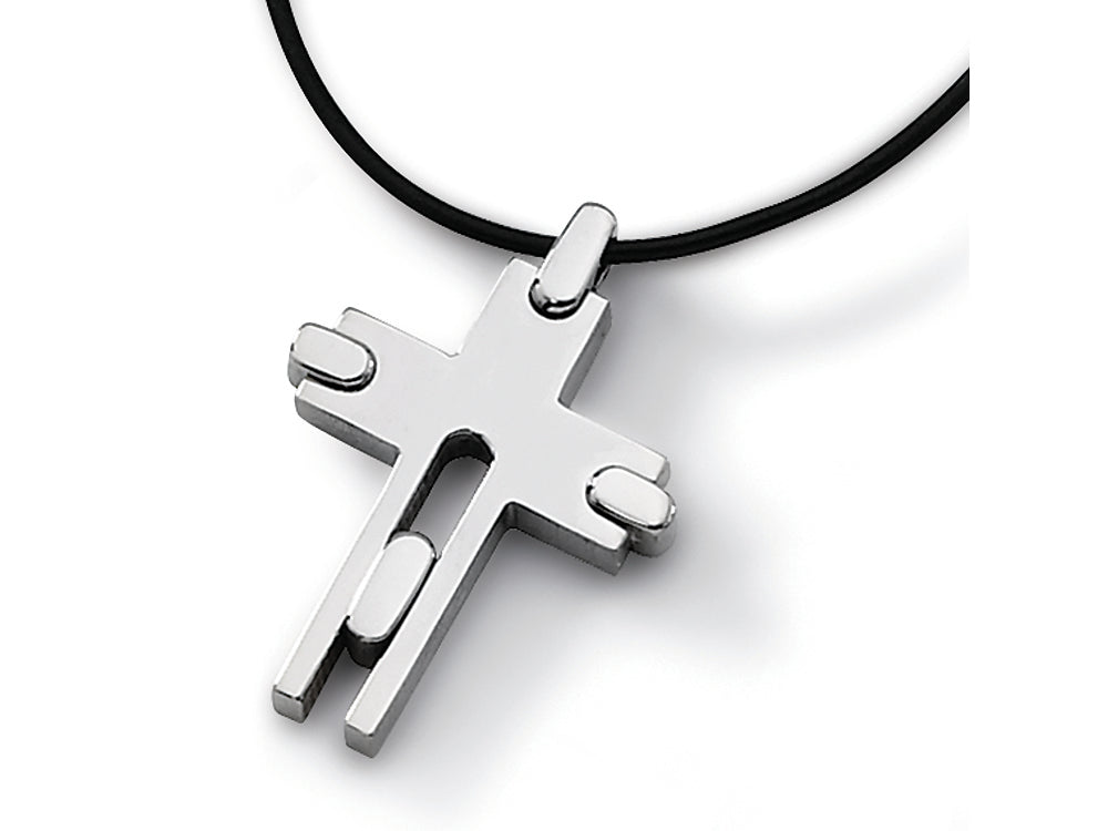 Chisel Titanium with Leather Cord Cross Necklace - 18 inches
