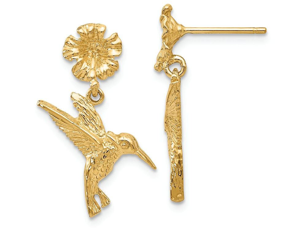 FJC Finejewelers 14k Yellow Gold Hummingbird Dangles From Flower Post Earrings