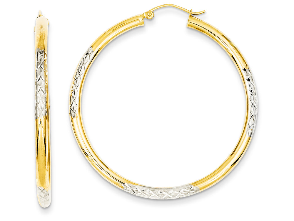 FJC Finejewelers 14k Yellow Gold and Rhodium Bright-cut 3x45mm Hoop Earrings