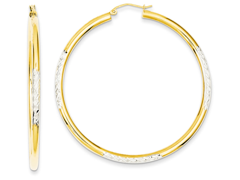 FJC Finejewelers 14k Yellow Gold and Rhodium Bright-cut 3x55mm Hoop Earrings