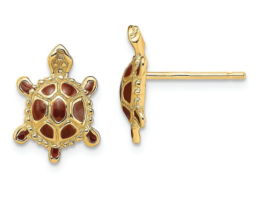 FJC Finejewelers 14k Yellow Gold Sea Turtle with Spiny Brown Enamel Shell Earrings