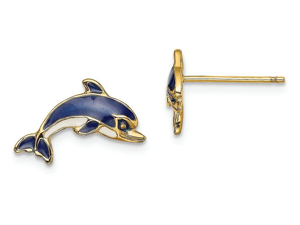 FJC Finejewelers 14k Yellow Gold Enamel Dolphin Post Earringsblue White