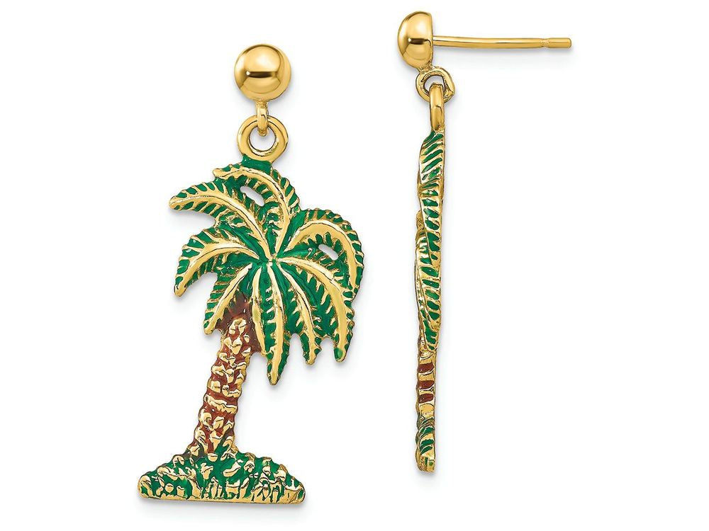 FJC Finejewelers 14k Yellow Gold Palmetto Tree with Enamel Dangle Earrings - Palm Tree