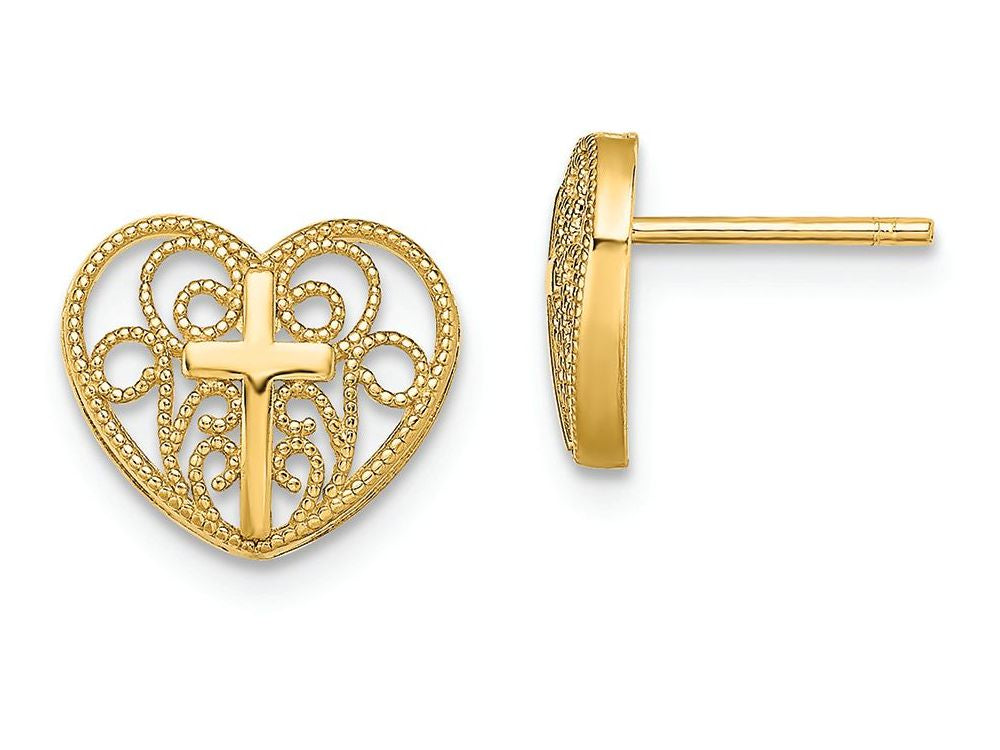 FJC Finejewelers 14k Yellow Gold Heart Post with Cross Center filigree Earrings
