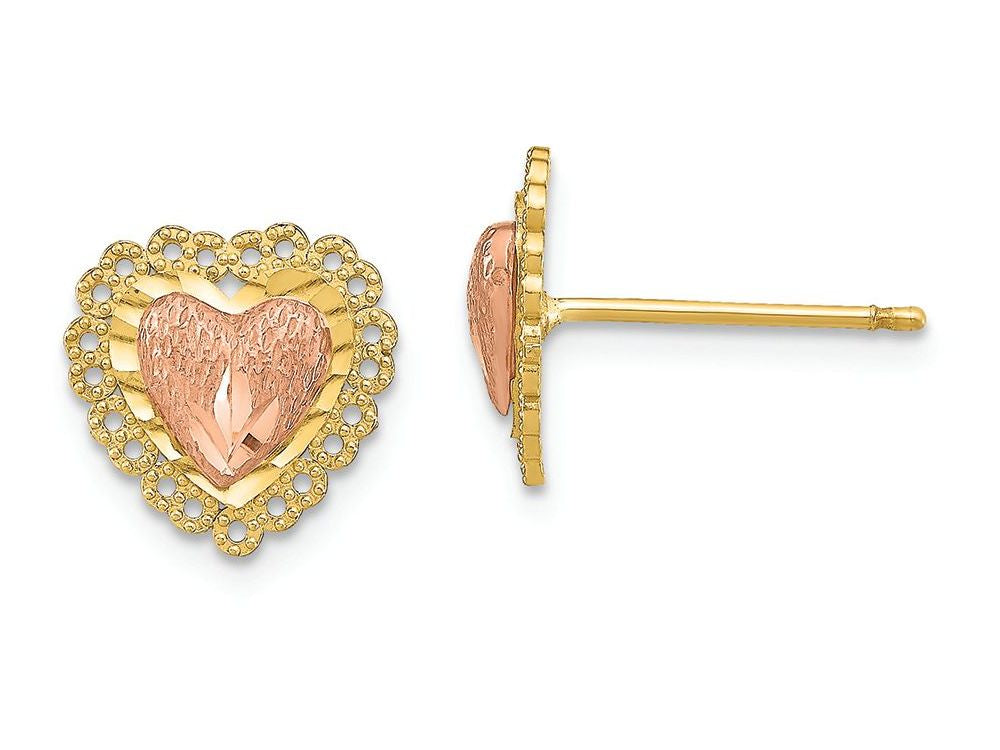 FJC Finejewelers 14k Two-tone Gold Pink Bright Cut Heart with Lace Trim Stud Charm