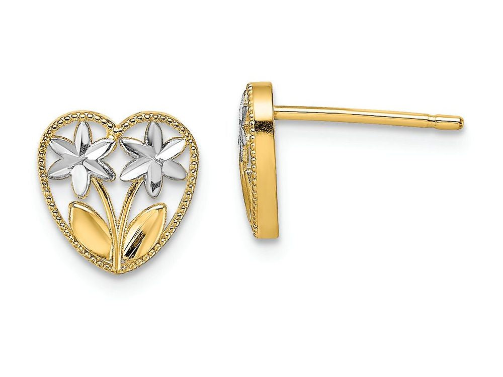 FJC Finejewelers 14k Two-tone Gold Heart Bright Cut Double Flower Post Earrings