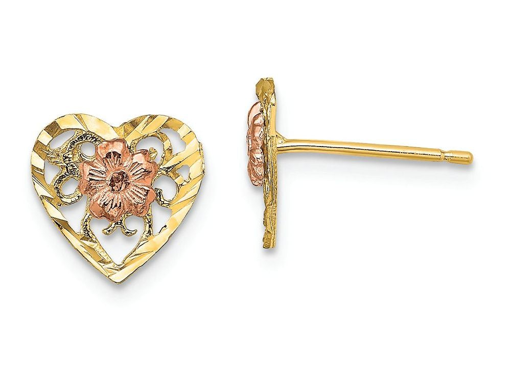 FJC Finejewelers 14k Two-tone Gold Bright Cut Heart Post with Pink Flower Center Charm