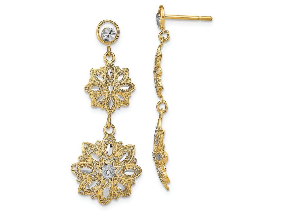 FJC Finejewelers 14k Two-tone Gold Flower with Filigree White Bright Cut Petals Drop Earring