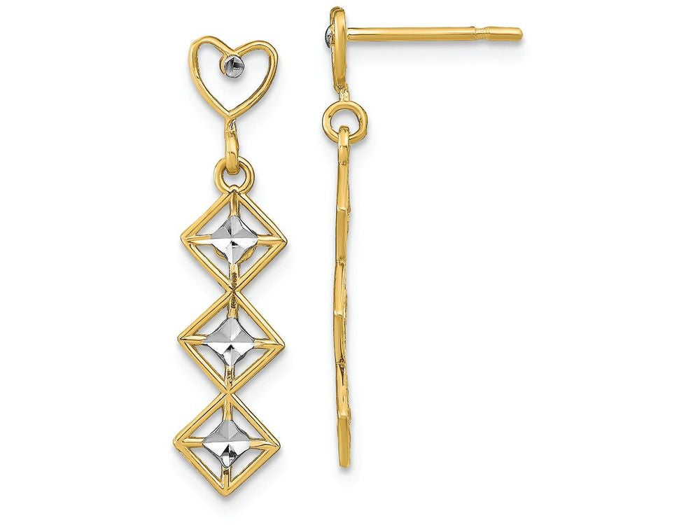 FJC Finejewelers 14k Two-tone Gold Heart Post with Triple Diamond Shape White Bright Cut Accents Dangli