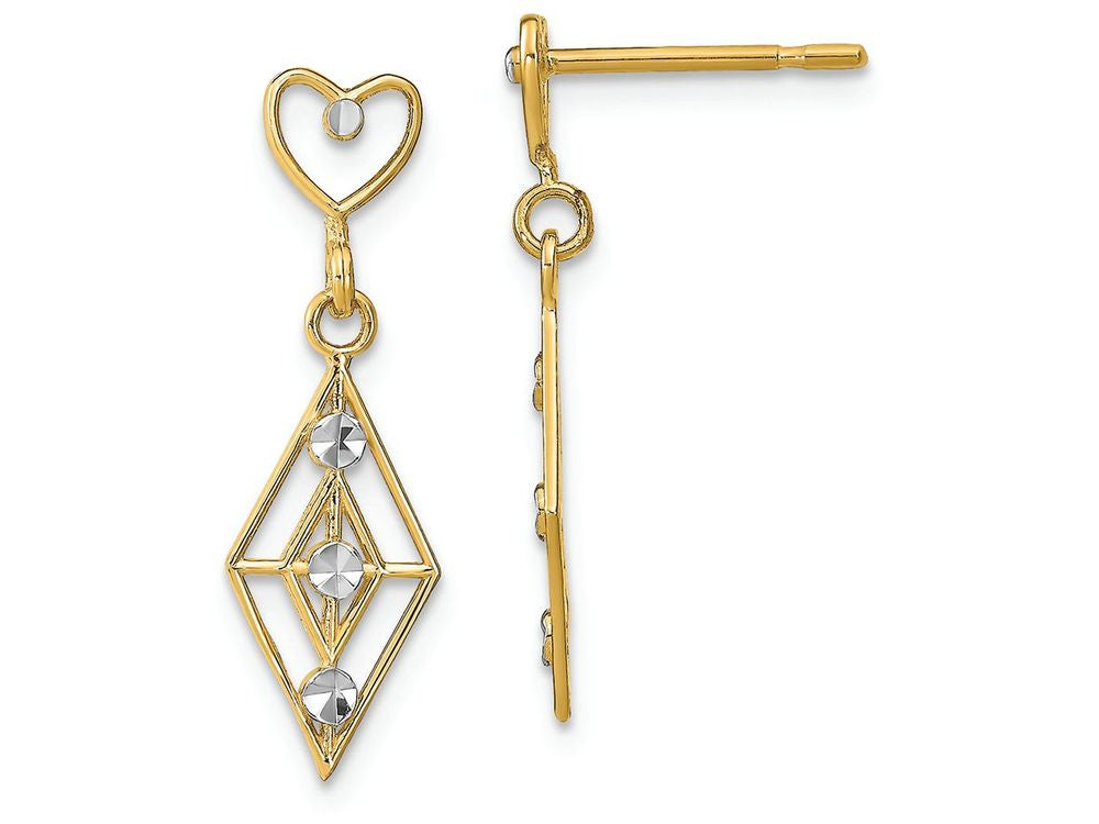 FJC Finejewelers 14k Two-tone Gold Diamond Shape Dangle with Heart Post Bright Cut Accents