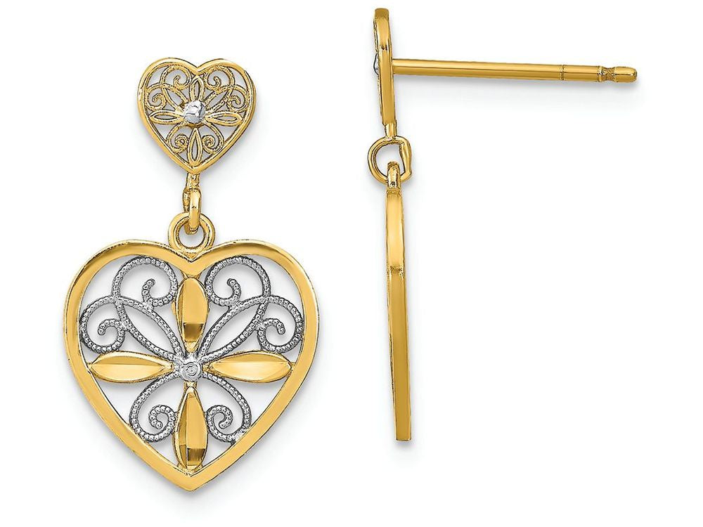 FJC Finejewelers 14k Two-tone Gold Double Fashion Heart with Flower White Beaded Filigree Dangle Earrings