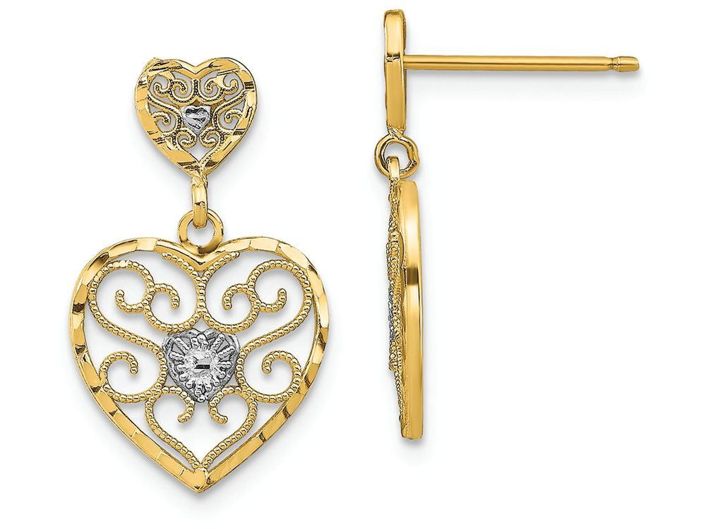 FJC Finejewelers 14k Two-tone Gold Double Filigree Beaded Heart Dangle