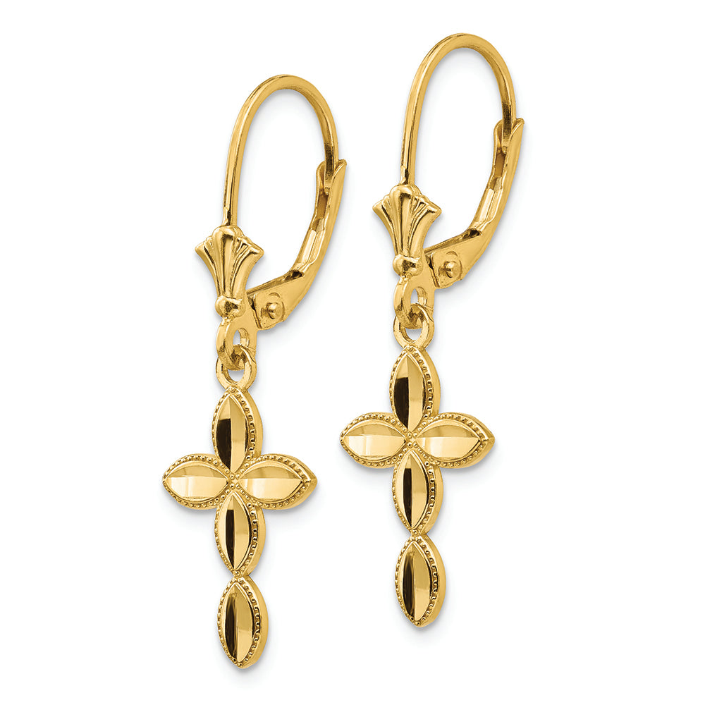 FJC Finejewelers 14k Yellow Gold Bright Cut Marquis Shaped Cross with Beaded Edge Leverback Earrings