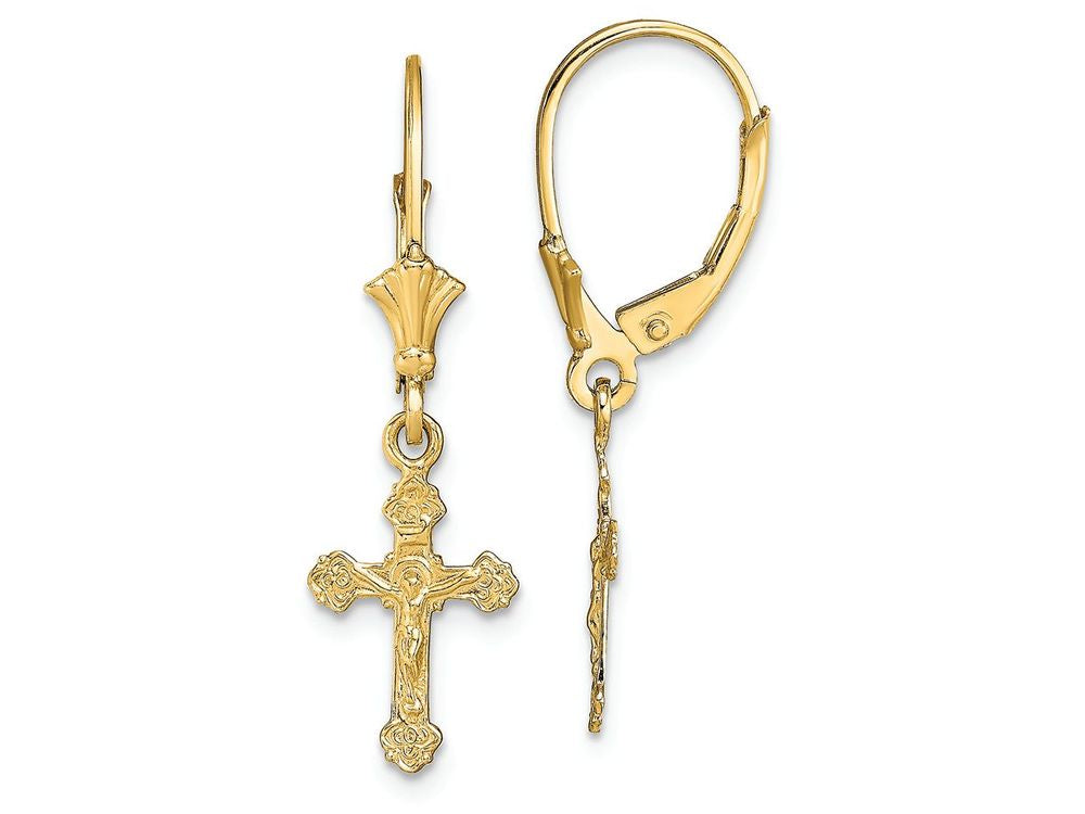 FJC Finejewelers 14k Yellow Gold Mini Crucifix with Fancy Tips Leverback Earrings (3 0f 3)